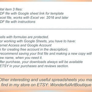 May include: A digital download listing for a spreadsheet template. The listing includes three files: a PDF file with a Google Sheet link for the template, an Excel file that works with Excel versions 2016 and later, and a PDF file with instructions. The listing also mentions that cells with formulas are protected and that internet access and a Google account are required to use the template. The listing also includes a link to create a free Google account. The listing also mentions that the template is available for download after purchase.