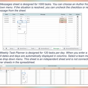 May include: A screenshot of a spreadsheet interface with two main sections: "Messages" and "Weekly Task Planner." The "Messages" section displays task details, including date, time, author, and message, with dropdown menus for author selection. The "Weekly Task Planner" shows a weekly task layout.