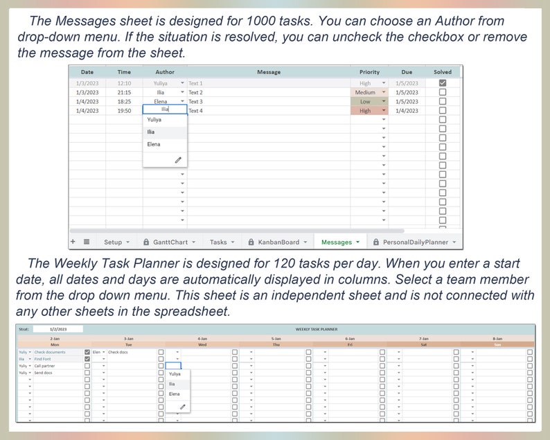 May include: A screenshot of a spreadsheet interface with two main sections: "Messages" and "Weekly Task Planner." The "Messages" section displays task details, including date, time, author, and message, with dropdown menus for author selection. The "Weekly Task Planner" shows a weekly task layout.