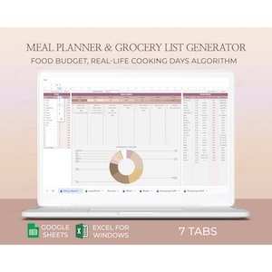 May include: A laptop computer screen displaying a spreadsheet with a meal planner and grocery list generator. The spreadsheet has tabs for setup, report, ingredients, recipes, week 1, week 2, shopping list week 1, and shopping list week 2. The spreadsheet is designed for Google Sheets and Excel for Windows. The title of the spreadsheet is "Meal Planner & Grocery List Generator" and "Food Budget, Real-Life Cooking Days Algorithm".