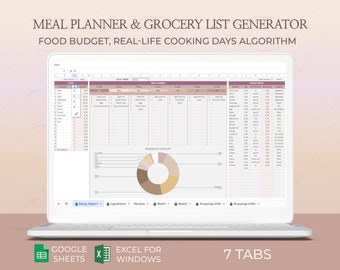 Meal Planner Digital Template with Recipe Cost Calculator Grocery List Weekly Menu Organizer Editable Excel Google Sheets for Food Planning