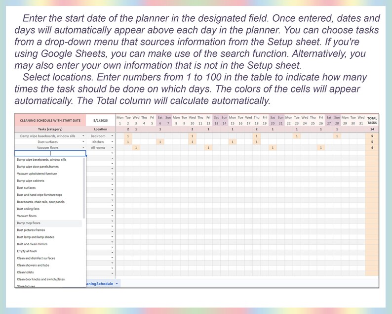 Reinigungsplan, Checkliste für die wöchentliche Reinigung