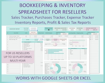 Reseller Bookkeeping Spreadsheet for Small Business Inventory Sales Expenses Profit Loss Tracker Accounting Tool Excel Google Sheets USA