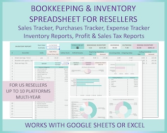 Bookkeeping for resellers, Small business tool; Inventory, Expenses, Sales tracker; Profit/Loss, Resellers Spreadsheet; EXCEL,Google sheets