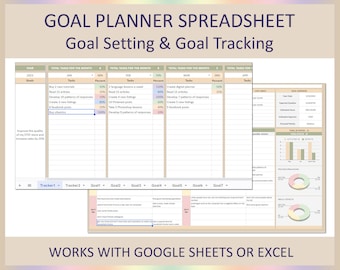 Goal setting spreadsheet, Smart goals planner, Goals of life planner, Goal tracking, Personal goals, Monthly goals sheet, Goal setting Excel