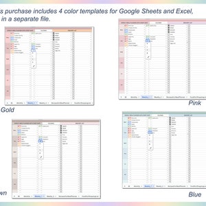 May include: Four printable Google Sheets and Excel templates for meal planning. The templates are color-coded in rose gold, brown, pink, and blue. Each template includes a weekly meal planner with sections for breakfast, lunch, dinner, and snacks, as well as a grocery list and space for recipes.