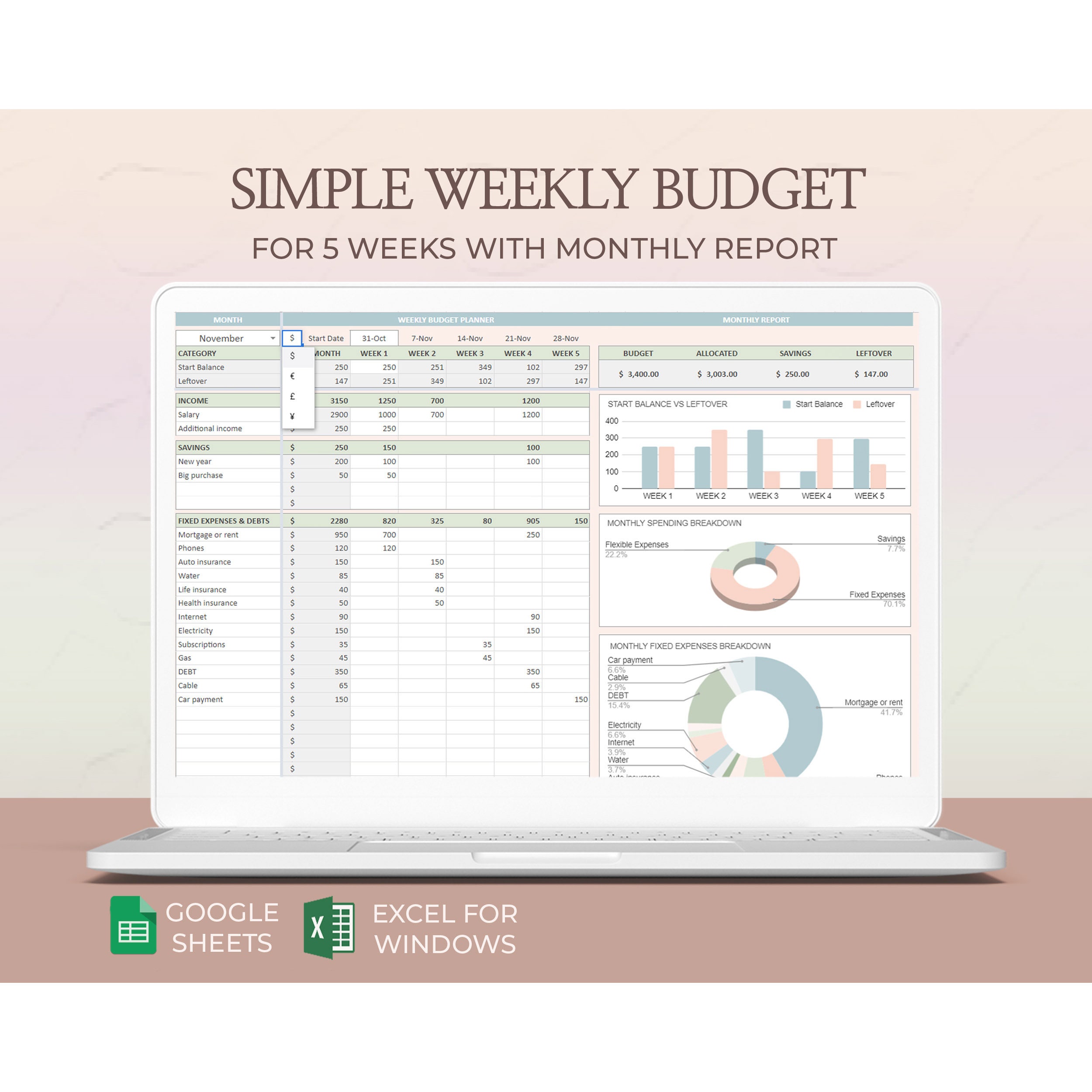 Weekly Budget Spreadsheet Template Excel Planner Editable Monthly ...