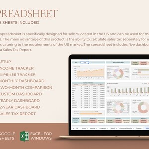May include: A screenshot of a spreadsheet program with nine sheets, including a setup sheet, income tracker, expense tracker, monthly dashboard, two-month comparison, custom dashboard, yearly dashboard, 12-year dashboard, and sales tax report. The spreadsheet is designed for sellers located in the US and can be used for many years. The main advantage of this product is the ability to calculate sales tax separately for each state, catering to the requirements of the US market. The spreadsheet includes five dashboards and a Sales Tax Report.