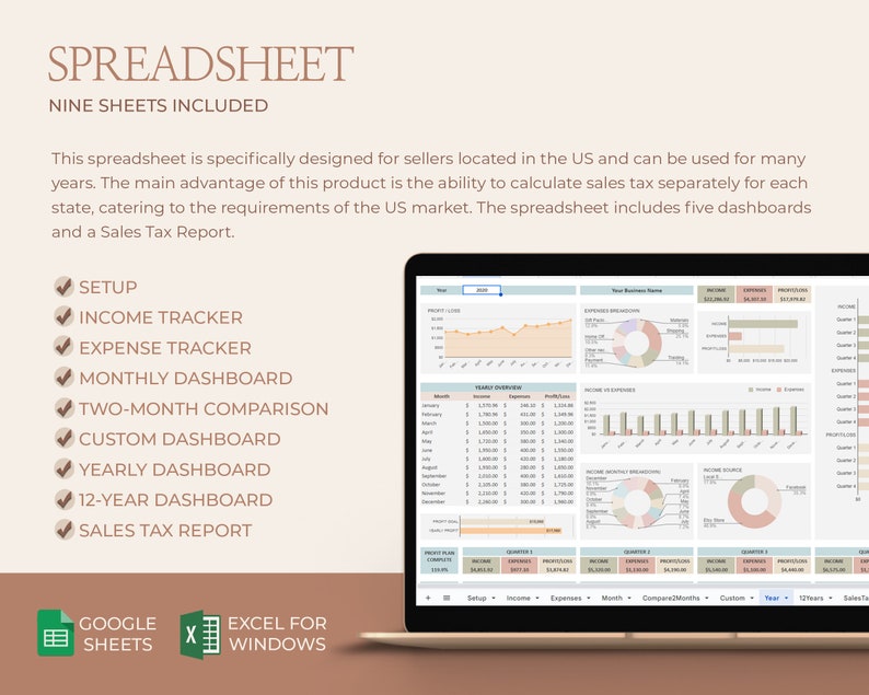 May include: A screenshot of a spreadsheet program with nine sheets, including a setup sheet, income tracker, expense tracker, monthly dashboard, two-month comparison, custom dashboard, yearly dashboard, 12-year dashboard, and sales tax report. The spreadsheet is designed for sellers located in the US and can be used for many years. The main advantage of this product is the ability to calculate sales tax separately for each state, catering to the requirements of the US market. The spreadsheet includes five dashboards and a Sales Tax Report.