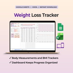 May include: A digital weight loss tracker displayed on a laptop screen, featuring data tables, progress charts, and BMI tracking. The interface includes text labels like Weight Loss Tracker, Google Sheets, Excel, and Instant Download.