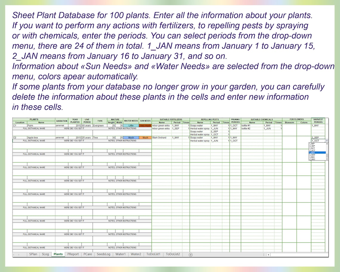 Excel Garden Planner, Plant Care Worksheet, Excel Plants Journal Excel Garden Planner, Plant Care Worksheet, Excel Plants Journal