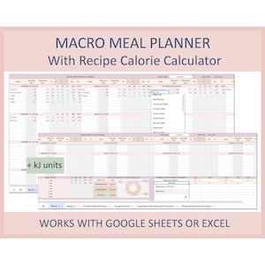 May include: A printable macro meal planner spreadsheet with a calorie calculator. The spreadsheet is divided into sections for the morning, noon, and evening. It also includes a section for dietary supplements. The spreadsheet is designed to be used with Google Sheets or Excel.