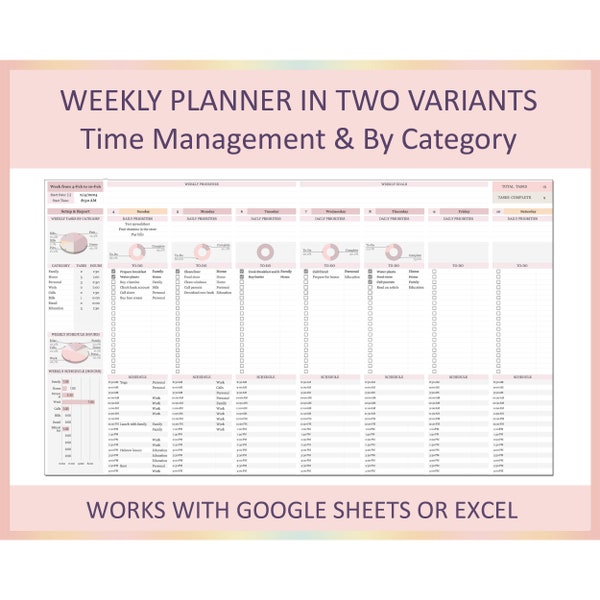 Weekly planner sheet, Time management, Weekly schedule, Weekly to do list, Planner, Template, Digital, Spreadsheet, Excel, Google sheet