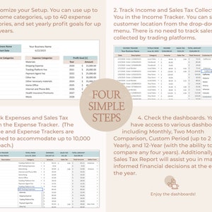 May include: Four simple steps to manage your business: customize your setup, track income and sales tax, track expenses and sales tax, and check the dashboards. The image shows a light pink background with four steps outlined in black text. Each step has a corresponding image of a spreadsheet with a light blue background.