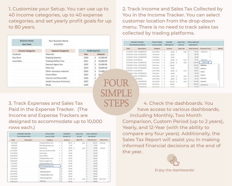 May include: Four simple steps to manage your business: customize your setup, track income and sales tax, track expenses and sales tax, and check the dashboards. The image shows a light pink background with four steps outlined in black text. Each step has a corresponding image of a spreadsheet with a light blue background.