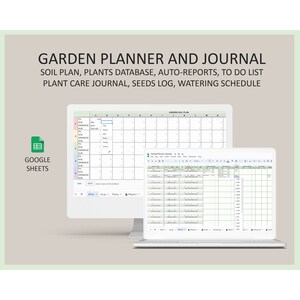 Tuinplanner voor Google Spreadsheets, werkblad plantenverzorging, plantendagboek, bewateringsschema, grondplan, zadenlogboek, tuinsjabloon, spreadsheet