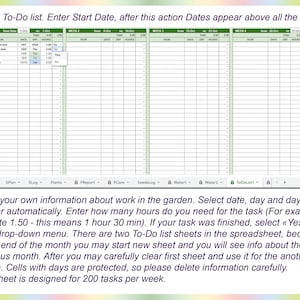 May include: A green and white spreadsheet with a To-Do list for gardening tasks. The spreadsheet is divided into four weeks, with columns for task, date, day, and hours. The spreadsheet is designed for 200 tasks per week.