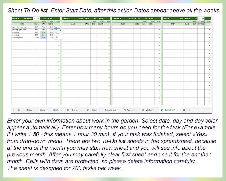 May include: A green and white spreadsheet with a To-Do list for gardening tasks. The spreadsheet is divided into four weeks, with columns for task, date, day, and hours. The spreadsheet is designed for 200 tasks per week.