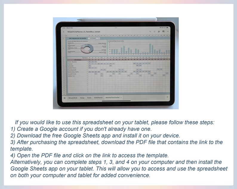 May include: A tablet displaying a spreadsheet with charts and data, along with a stylus. The screen shows a detailed schedule. Text below provides instructions on how to use the spreadsheet on a tablet.