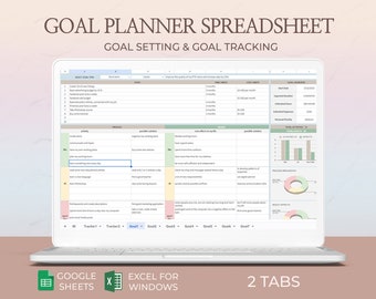 Puede incluir: Una pantalla de computadora que muestra una hoja de cálculo con el título "Goal Planner Spreadsheet: Goal Setting & Goal Tracking". La hoja de cálculo está dividida en secciones para realizar un seguimiento de las metas, las actividades y los efectos. La hoja de cálculo está diseñada para ayudar a los usuarios a establecer y realizar un seguimiento de sus metas.