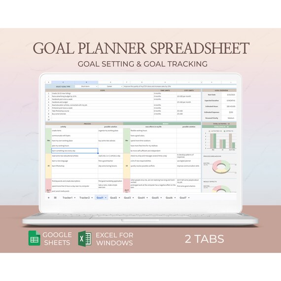 Digital goal planner  Goal setting  Goal journal  Goal tracker  Goal worksheet  Annual  Monthly Template  Spreadsheet Excel  Google sheets