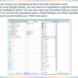 May include: A weekly meal planner spreadsheet with a grocery list. The spreadsheet is divided into days of the week, with columns for breakfast, lunch, and dinner. The grocery list includes items such as apples, bananas, blueberries, bread, broccoli, cheese, chocolate, cookies, croissants, eggs, ginger bread, ice cream, kiwi, and mango.