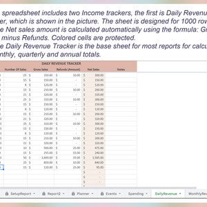 Może przedstawiać: Arkusz kalkulacyjny z tabelą zatytułowaną "Daily Revenue Tracker", przedstawiającą listę dat, liczby sprzedaży, przychod&oacute;w brutto, zwrot&oacute;w i przychod&oacute;w netto. Arkusz kalkulacyjny jest przeznaczony dla 1000 wierszy i służy do obliczania miesięcznych, kwartalnych i rocznych sum.