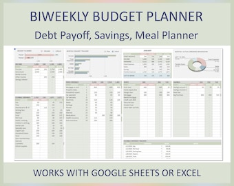 May include: A biweekly budget planner spreadsheet template in a light green and white color scheme. The template includes sections for income, expenses, debt payoff, savings, and a meal planner. The spreadsheet is designed to work with Google Sheets or Excel. The text "WORKS WITH GOOGLE SHEETS OR EXCEL" is at the bottom of the spreadsheet.