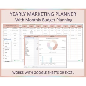May include: A yearly marketing planner spreadsheet template with a pink and blue color scheme. The template includes a budget breakdown by category, a pie chart, and a bar graph. The spreadsheet is designed to help businesses plan and track their marketing efforts.