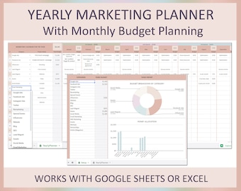 Marketing planner, Marketing calendar, Marketing budget, Content social marketing plan, Marketing strategy, Spreadsheet, Google sheet, Excel