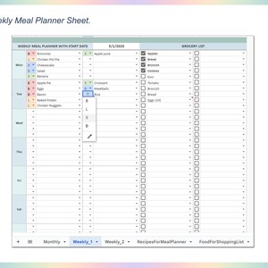 May include: A weekly meal planner sheet with a grocery list. The sheet is divided into days of the week, with columns for breakfast, lunch, dinner, and snacks. The grocery list includes items such as apples, bread, broccoli, cookies, and eggs.