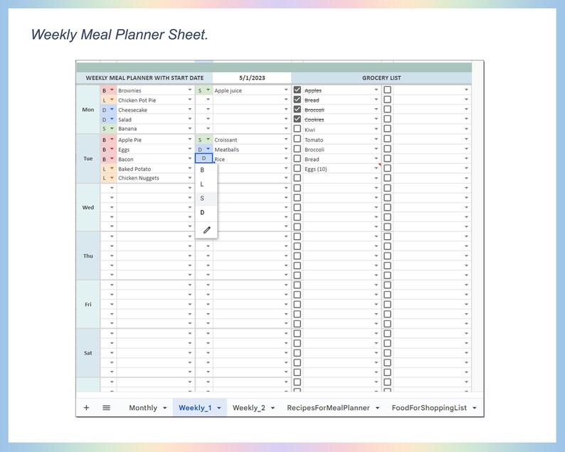 May include: A weekly meal planner sheet with a grocery list. The sheet is divided into days of the week, with columns for breakfast, lunch, dinner, and snacks. The grocery list includes items such as apples, bread, broccoli, cookies, and eggs.
