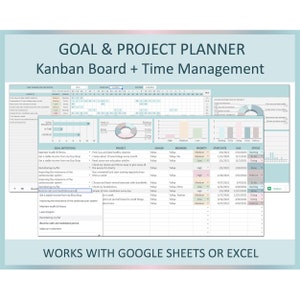 May include: A colorful spreadsheet template for goal and project planning. The template includes a Kanban board, time management tools, and a progress tracker. The spreadsheet is designed to help users organize their goals, projects, and tasks, and track their progress over time.