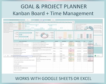 Digital Project Planner with Goal Setting Gantt Chart Kanban Board Monthly To-Do Task Tracker Excel Spreadsheet Google Sheets Organizer