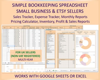 Small business tool for UK sellers; Etsy sellers bookkeeping, Sales tracker; Profit/Loss, Pricing,Accounting spreadsheet,EXCEL,Google sheets
