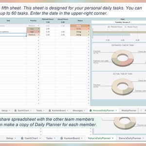 May include: A digital spreadsheet interface with task management features. The interface includes sections for tasks, priority levels, planned and actual hours, and status updates. Charts visualize estimated and actual time spent on tasks. Text on the image reads: "Personal Daily Planner."