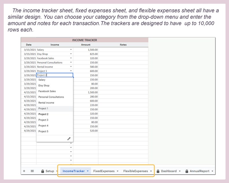 Kalkylblad för utgiftsinkomster Företagsekonomilogg Personlig budgetorganisatör Mall för pengaspårning Google Sheets Excel Redovisning bild 3