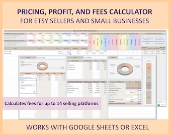 ETSY Pricing Profit Fees Calculator Template Excel Google Sheets Shop Management Cost Markup Tool for Handmade Sellers and Digital Products