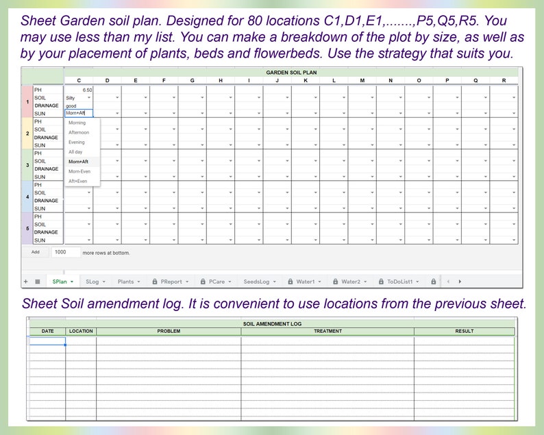 May include: A printable garden soil plan worksheet with a grid for 80 locations. The worksheet includes columns for soil pH, drainage, sun exposure, and notes. A second sheet is for a soil amendment log with columns for date, location, problem, treatment, and result.