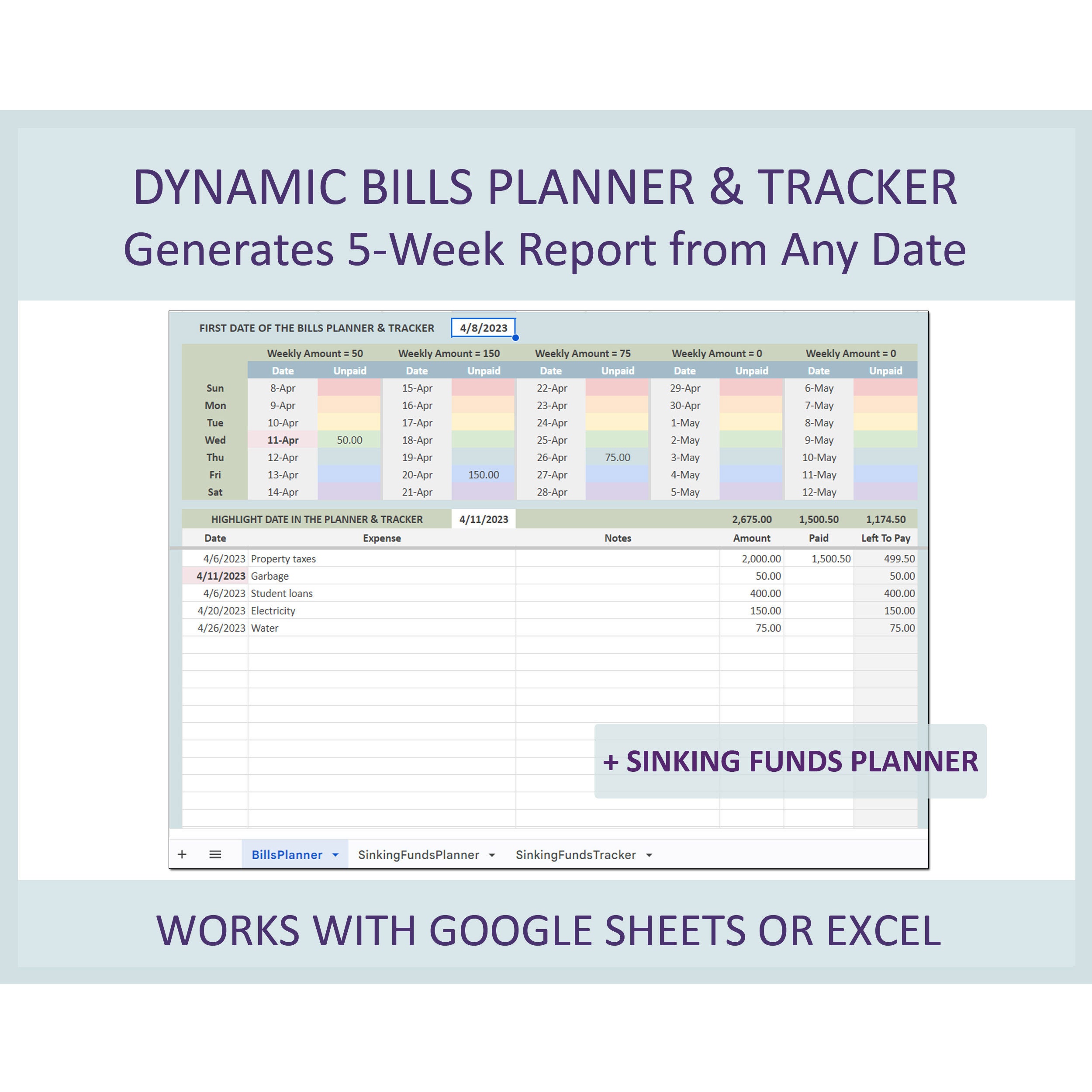 Monthly Bills Planner Tracker Spreadsheet Excel Google Sheets Bill ...