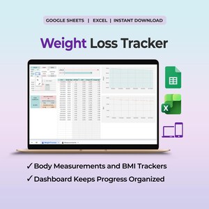 May include: A digital weight loss tracker displayed on a laptop screen, featuring data tables, progress charts, and BMI trackers. The interface includes text labels like Weight Loss Tracker, Google Sheets, Excel, and Instant Download.