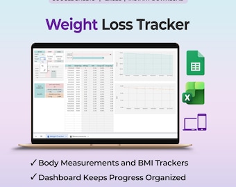 Puede incluir: Un rastreador de pérdida de peso digital en la pantalla de una computadora portátil, con tablas de datos, gráficos de progreso y rastreadores de IMC. La interfaz incluye etiquetas de texto como Weight Loss Tracker, Google Sheets, Excel.