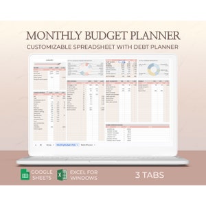 Monthly Budget Spreadsheet Template Excel Google Sheets Planner Debt Payoff Tracker Financial Organizer Personal Budget Digital Download