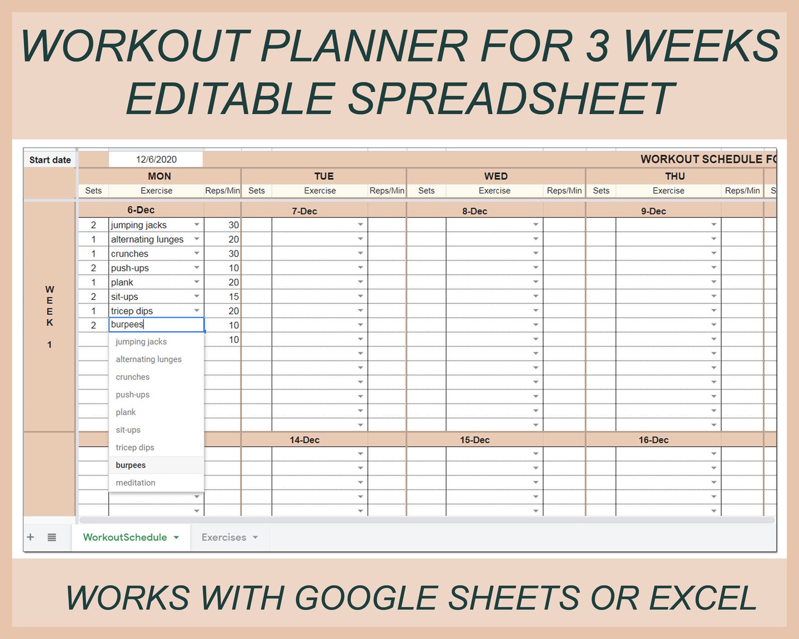 Digital Workout Planner Workout Schedule Excel Workout Etsy