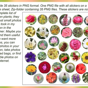 May include: A sheet of 35 colorful stickers featuring various garden flowers and plants. The stickers are arranged in a grid pattern and are perfect for adding a touch of nature to your crafts, journals, or planners.