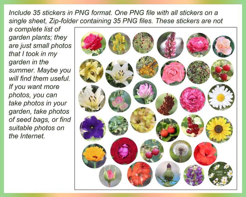 May include: A sheet of 35 colorful stickers featuring various garden flowers and plants. The stickers are arranged in a grid pattern and are perfect for adding a touch of nature to your crafts, journals, or planners.