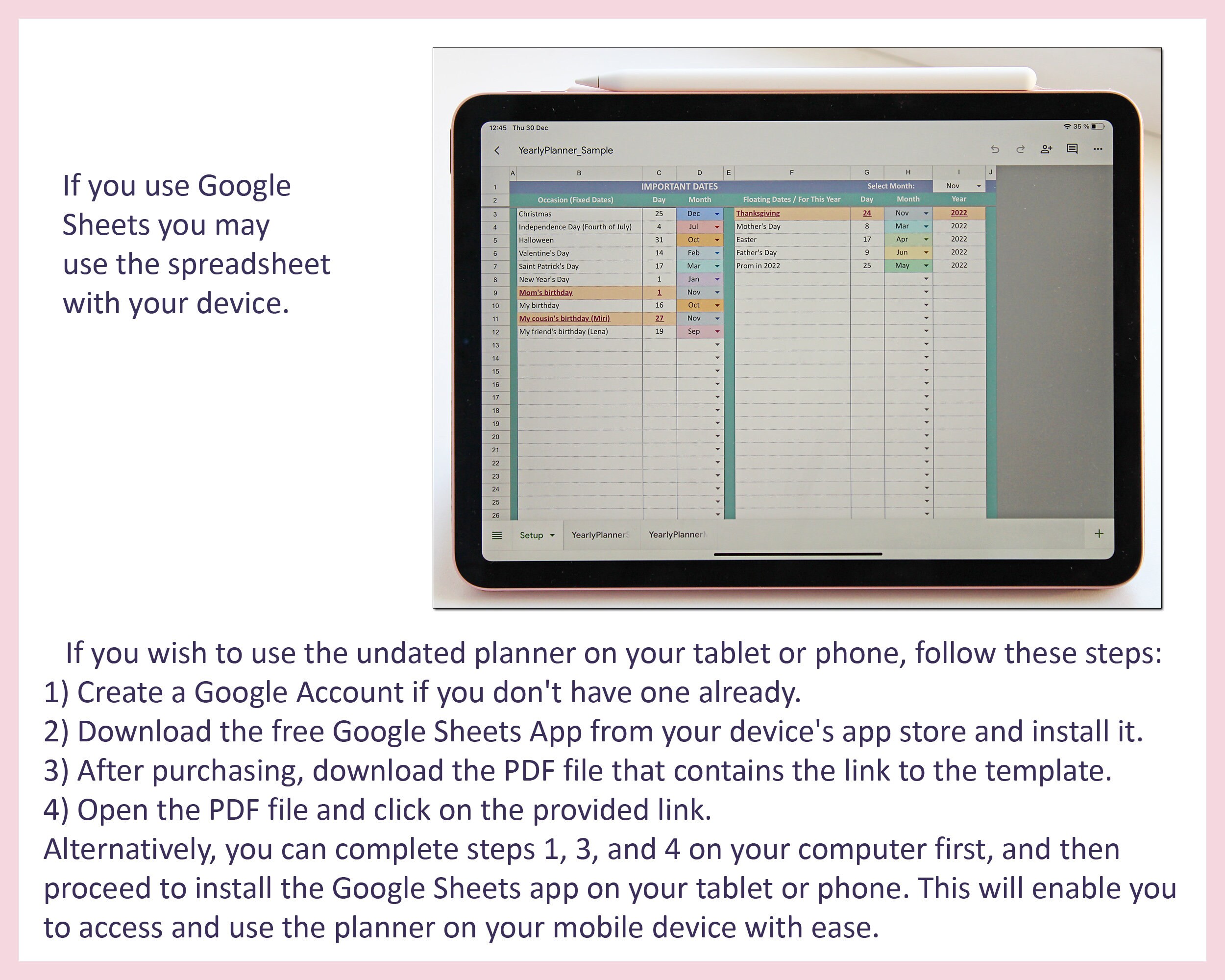 Excel Yearly Planner Calendar Annual Undated Template Weekly Overview ...