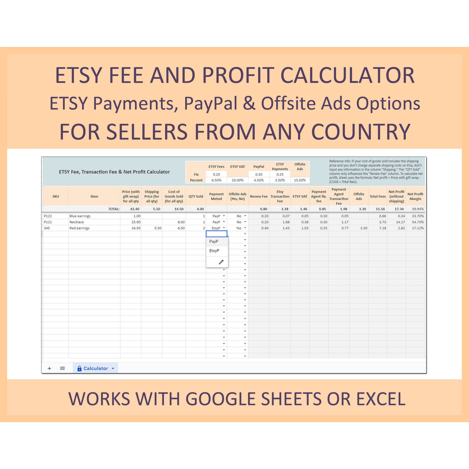 ETSY Fee Calculator ETSY Seller Tool Etsy and Paypal Fees Calculator, Etsy Fees Template, Etsy