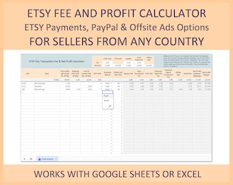 ETSY Fee Calculator Template Seller Tool PayPal Fees Tracker Net Income Spreadsheet Google Sheets Excel File for Handmade Shop Management