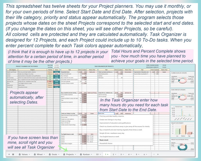 May include: A spreadsheet with a light blue background and a pink border. The spreadsheet is divided into columns and rows. The spreadsheet is titled "Project Planner" and includes a section titled "Task Organizer". The spreadsheet is designed to help users plan and track their projects.